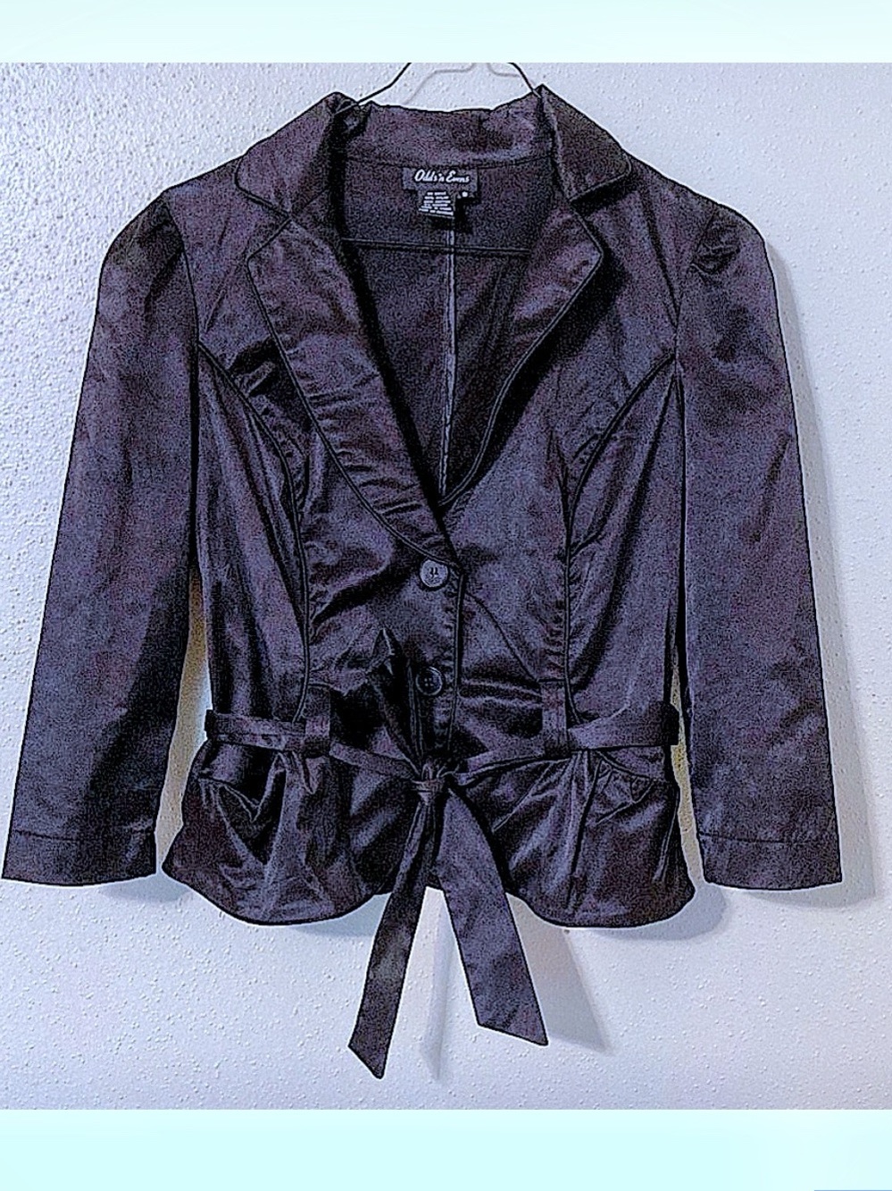 Odds'n Evens Vintage Black Satin Peplum Blazer Tie Waist Jacket NWOT